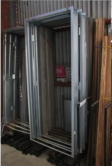 Steel door frames standing in the shed