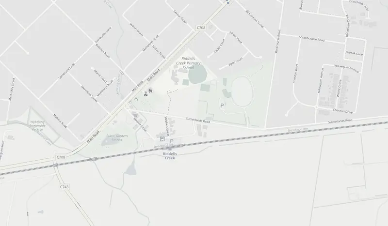 Map of Riddells Creek with the yard marked on Sutherlands Rd
